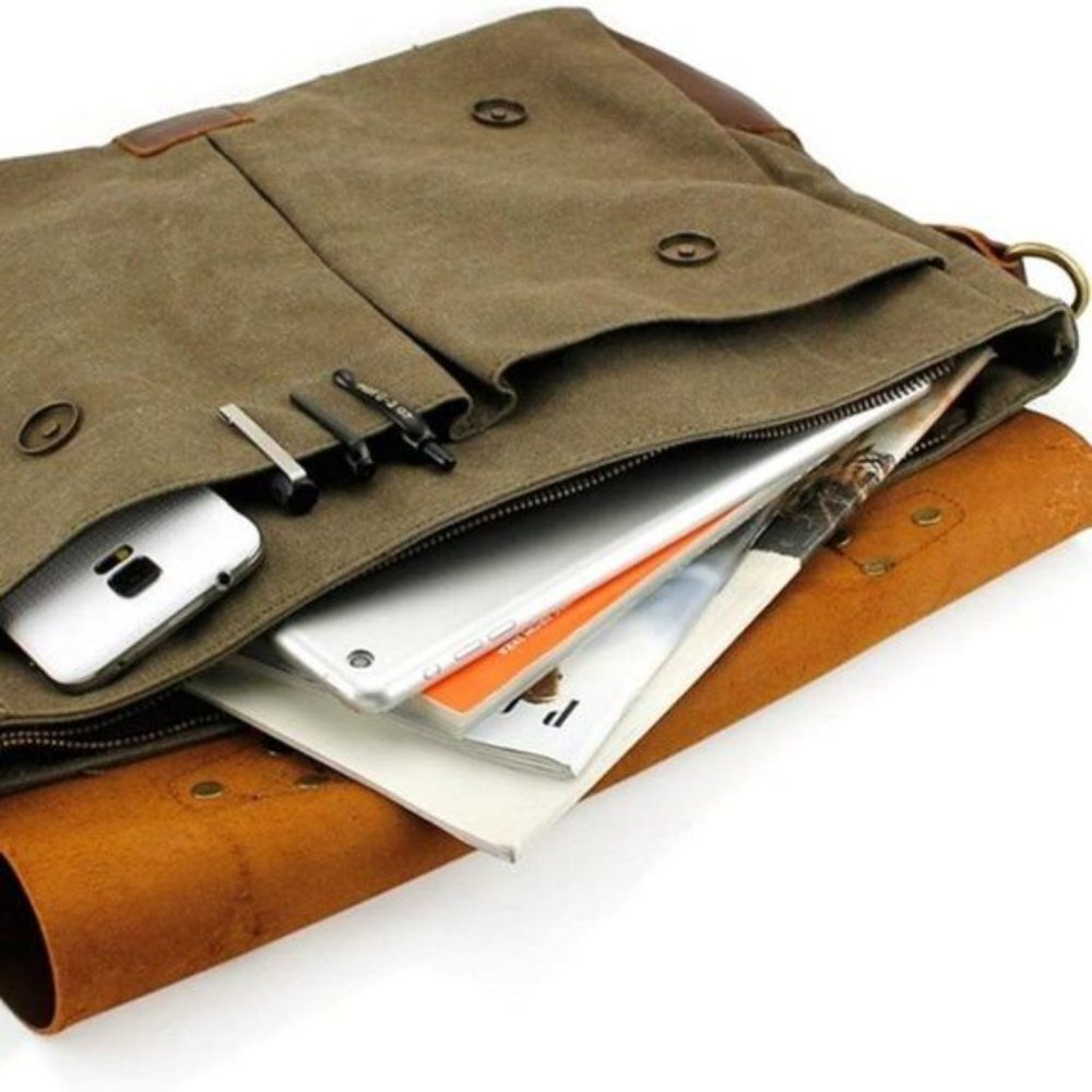 NEW Genuine Leather Canvas Messenger Bag Green​ - Picture 7 of 10